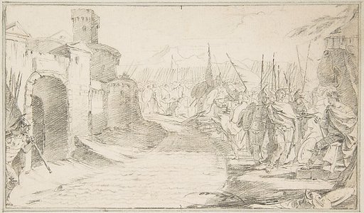 Illustration for a Book:  Meeting Between Two Generals (?) before a Fortified Town