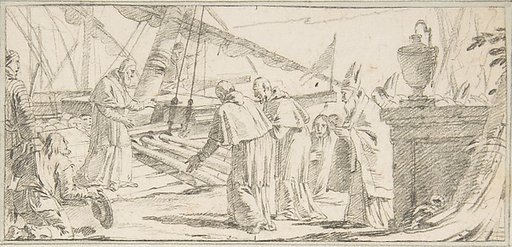 Illustration for a Book:  Bishops and Monks Being Received at a Ship by a Venerable Dignitary
