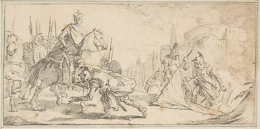 Illustration for a Book:  Soldiers Surrendering to an Emperor, with a City in the Background