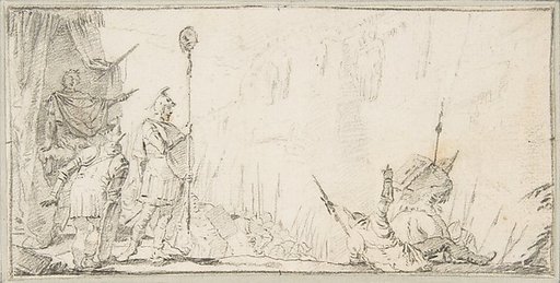 Illustration for a Book:  Soldier in front of "General" Holding up a Decapitated Head on a Staff