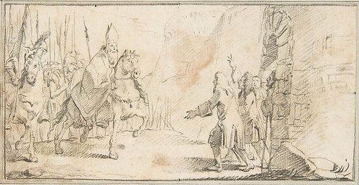 Illustration for a Book:  Reception of a Bishop Leading an Army at a City Gate