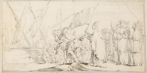 Illustration for a Book:  Pope Handing a Banner to a Crusader, with Ships in the Background
