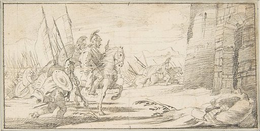 Illustration for a Book:  Troops Advancing toward a City Gate