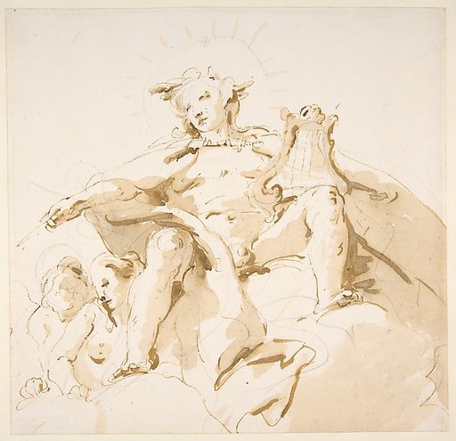 Apollo Seated on Clouds, Two Figures at Left