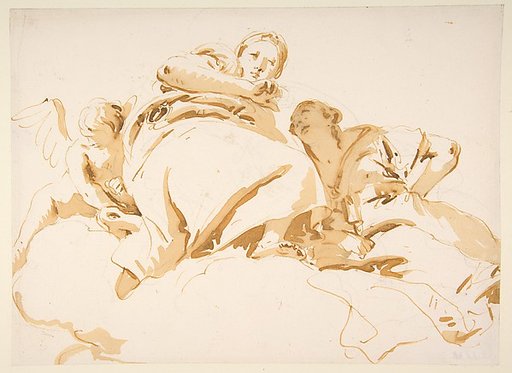 Two Women and a Winged Boy on Clouds