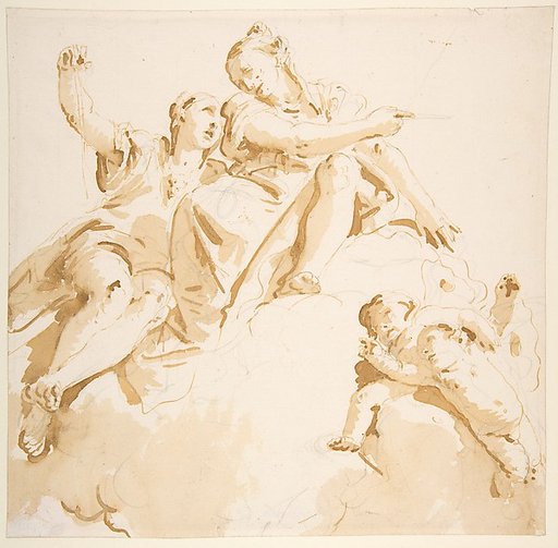 Two Women Seated on a Cloud, and Two Putti