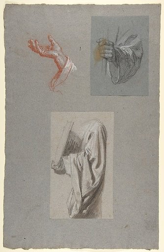 a.  Hand of Saint Remi; b.  Hand of Saint Remi; c.  Drapery Study for Acolyte Holding Book (middle register); (studies for wall paintings in the Chapel of Saint Remi, Sainte-Clotilde, Paris, 1858)