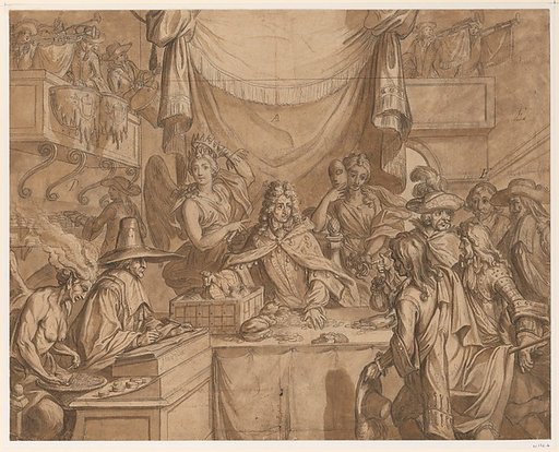 Study for an engraving:  "Almanac pour l'an de Bissexte M.DC.XCII:  La Lotterie Chimerique d'Augsbourg où chacun met du sien sans proffit"[sic]