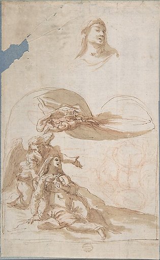 Saint in Ecstasy; Study of Saint's Head (recto); Sketches of Putti (verso)