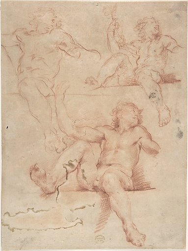 Three Studies of Seated Nude Male with Raised Arm, Seen from Below