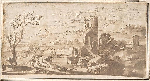 Landscape with Round Tower and Figures Crossing a Bridge