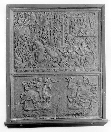 Fireback with New Testament Scenes and Two Knights Jousting