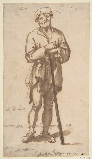 Standing Old Man in Frontal View Leaning On a Staff