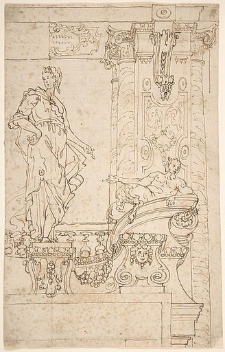 Sketch of Balcony and Pier (?) With Standing Female and a Reclining Satyr