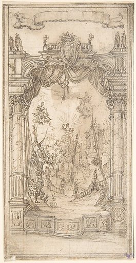 Design for a Stage Set or Illustration in a Fête Book with a Blank Scroll Above