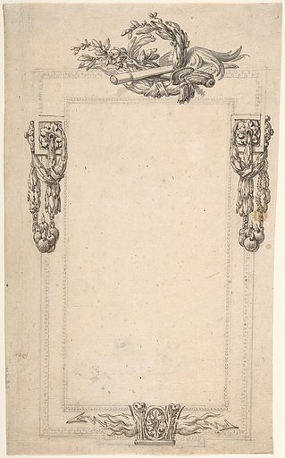 Design for a Cartouche or Frame with Four Groups of Military Ornament: Flames and Thunderbolts on bottom; Swags of Bombs at Sides; Sword, Baton, and Laurel Top.