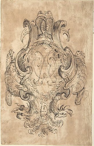 Design for a Coat of Arms with Two Dragons and Initials [?] in center (recto); Three Constructed Circles with Inscriptions (verso)