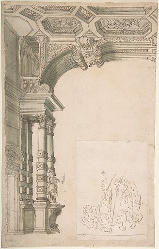 One Half of a Design for an Arch, With a Figural Sketch Pasted at lower right