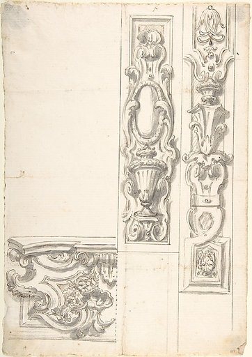 Design for Two Ornamental Upright Panels, and one Ornamental Basamento (?)