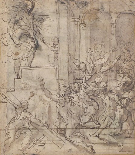 Apparition of Christ (recto); Printed Fragment with Jupiter Enthroned with Eagle, from Caraglio's "Martyrdom of Saint Peter and Saint Paul" (verso)