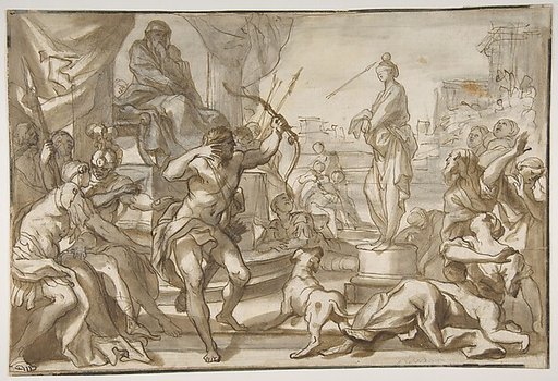 Male Figure with a Bow and Arrow Shooting at a Statue of a Woman with a Ball on her Head
