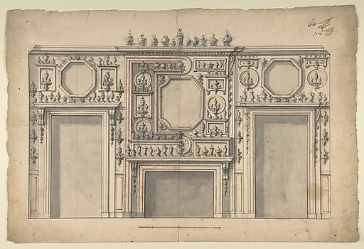 Two Variant Designs for the Interior of a Room, Decorated with Porcelains, Fireplace in Center, and With the Doorways at Either Side