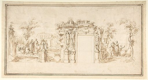 Design for a Painted Wall Decoration, with Figures in a Landscape with Classical Ruins