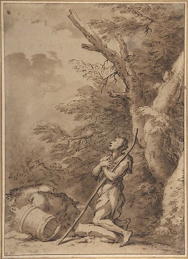 The Prodigal Son Kneeling Repentant among Swine