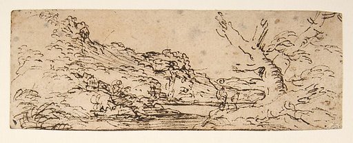 Landscape with hills and a lake, trees in right foreground.