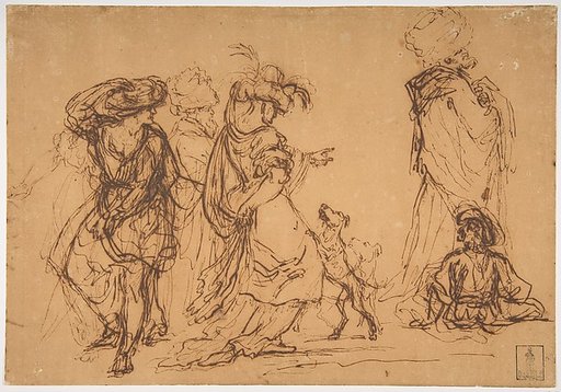 Five Figures in Fantastic Costumes with Two Dogs