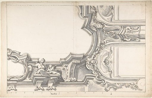 Design for an Elaborate Cornice with a Cartouche and Figures Supporting a Ceiling, with Two Arched Openings