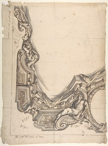 Design for a corner of a Painted Ceiling, Architectural "Cove" with a Seated Figure at the Bottom, and a Putto at the Side