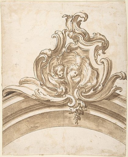Design for a Cartouche with Two Putti Heads inside a Shell, Atop an Arch
