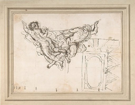 Study for Nude Male Figures Supporting a Frame and Plan of the Ceiling Decoration of Palazzo Altieri, Rome