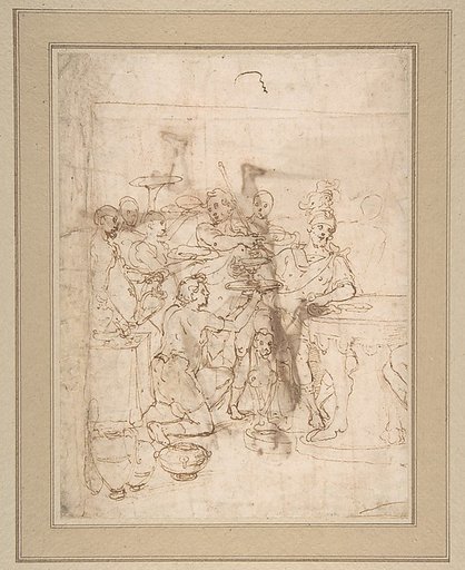 Banquet Scene: A Seated Warrior Attended by a Number of Servants (recto); Back View of a Standing Man in a Long Cloak (verso)