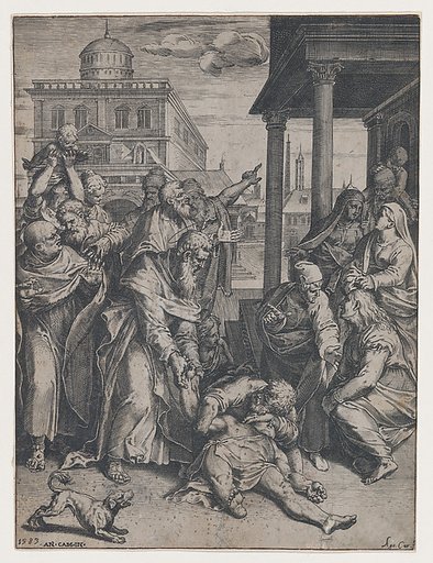 Saint Paul raising Patroclus who is on the ground, surrounded by a group of onlookers, a dog in the foreground at left