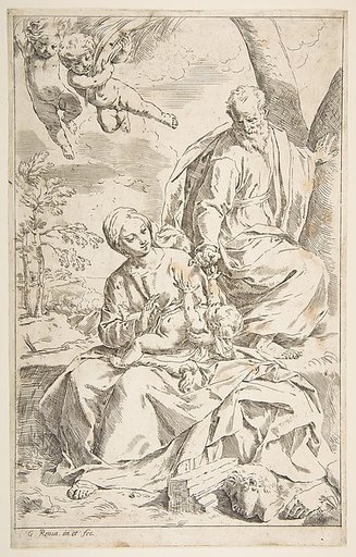 Rest on the flight into Egypt, Mary holding the infant Christ while St. Joseph hands him a fruit