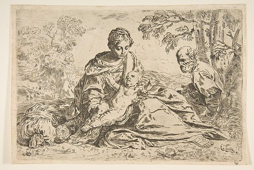 Rest on the flight into Egypt, Mary holding the infant Christ with St. Joseph at right, copy after Cantarini