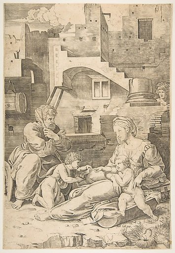 Virgin of the Long Thigh; the Virgin reclining on the ground her left leg outstretched supporting the infant Christ who reaches across to the infant John the Baptist, Joseph seated at left, buildings in the background