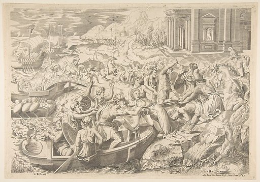 The Abduction of Helen; battle scene on shore with two men pulling Helen into a boat at center