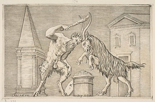 A satyr and a ram attacking each other, the satyr weilding a club with his right hand, a shield resting against a small column at center, buildings in the background