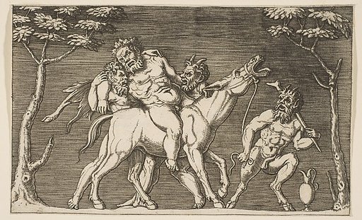 Two satyrs placing Silenus on a braying mule and a third satyr at right