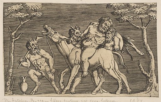 Two satyrs placing Silenus on a braying mule and a third satyr at left