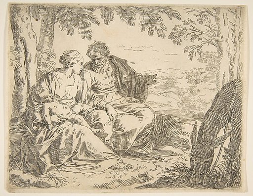 Rest on the flight into Egypt, Mary holding the infant Christ while St. Joseph points into the distance