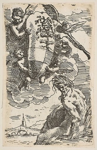Allegory of the Foglia River with the city of Pesaro's coat of arms, frontispiece for "Il Pesarese"