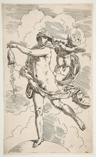 Fortune standing with one foot on a globe and emptying a purse of coins
