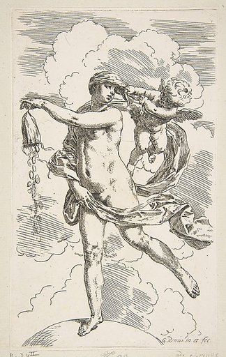 Fortune standing on a globe emptying a purse of coins