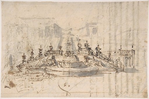 Manuscript page with a Project for a Fountain (recto); Project and Plan for a Monumental Staircase (verso)