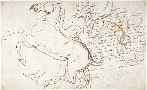 Rearing horse and trainer, drawn on a letter (recto); Studies of women and children (verso)