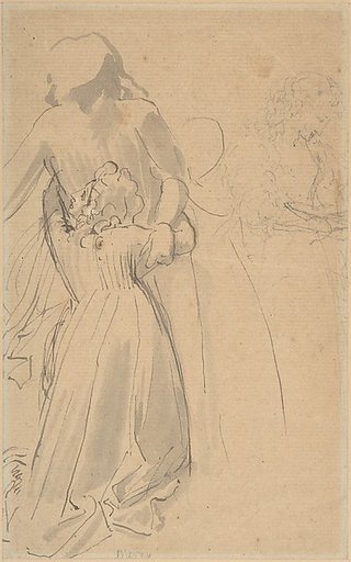 Sheet of studies with female figure kneeling and embracing standing figure